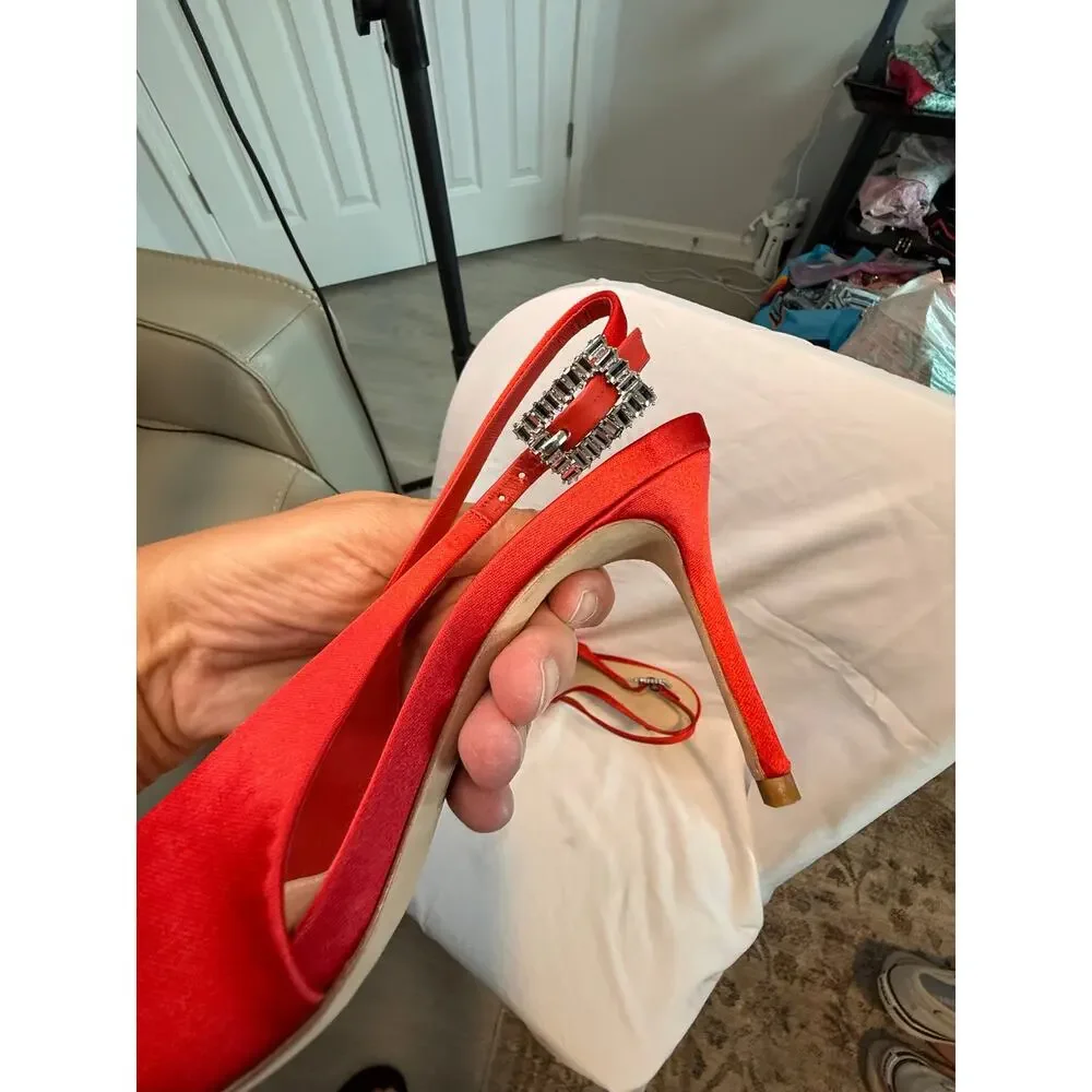 Saks Fifth Avenue Red Satin Crystal Buckle Slingback Pumps Heels Size 40